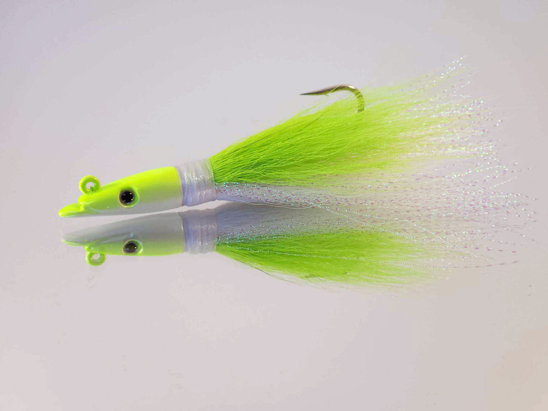 Sand Eel Bucktail JigDayGlo Green White W/Sparkle Flash – Mr