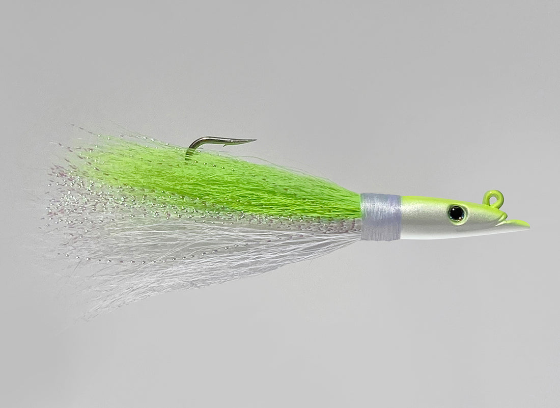 dancing eel fishing lure Sand Eel Bucktail JigDayGlo Green White W/Sparkle Flash – Mr. Bills Sport Fishing
