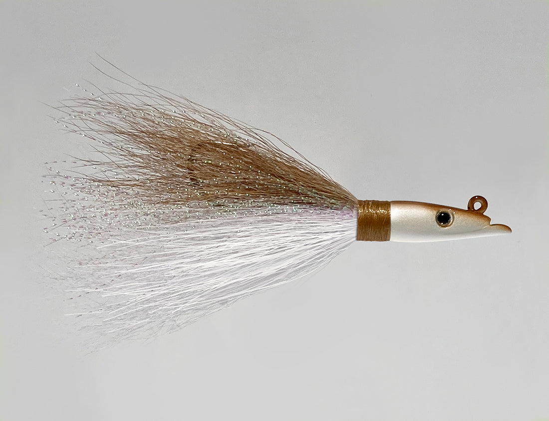 4oz striper rockfish eel fishing lure jig mustad bucktail h Sand Eel Bucktail JigWhite Brown W/ Sparkle Flash – Mr. Bills Sport Fishing